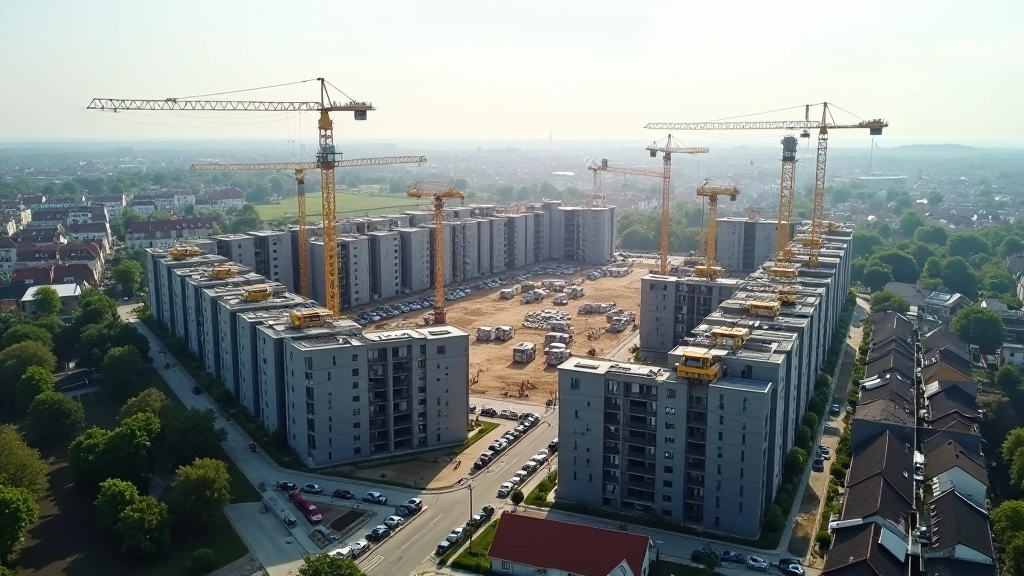 Luftaufnahme eines großen Wohnkomplexes im Bau mit mehreren Baukränen