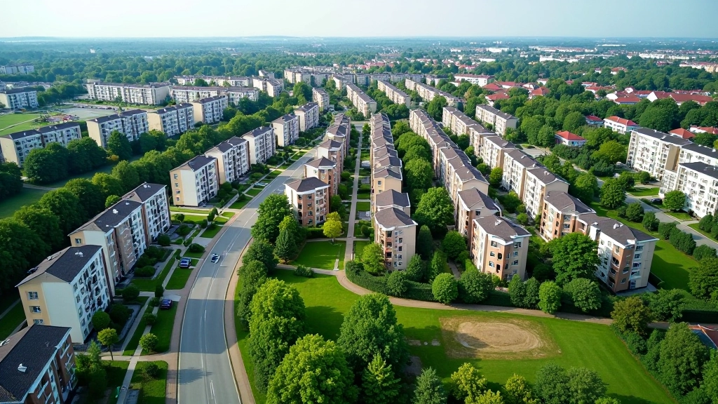 Luftaufnahme einer Wohnsiedlung mit vielen neuen Häusern und Wohnblöcken