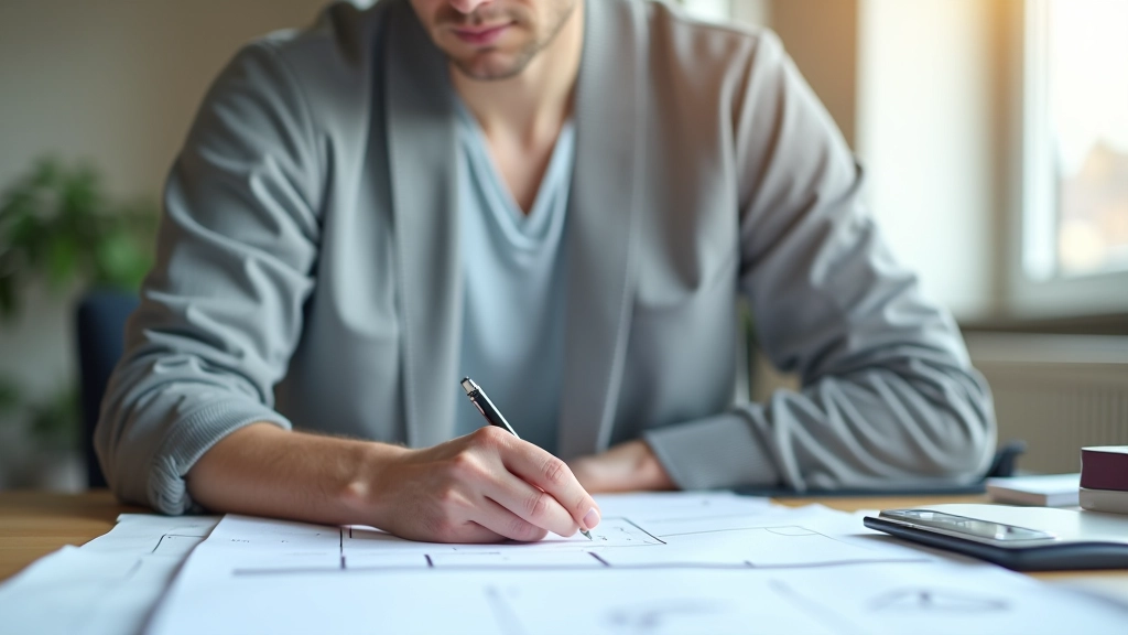 Büro mit Bauplänen, Rechner und Notizbuch auf dem Schreibtisch, natürliches Licht