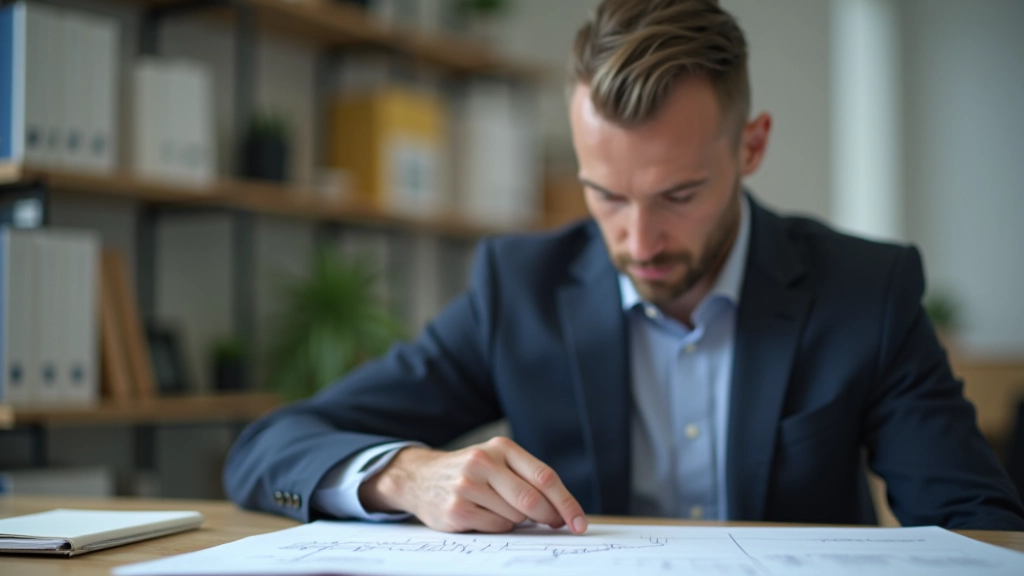 Architekt mit Bauplan und Genehmigungsdokumenten am Schreibtisch