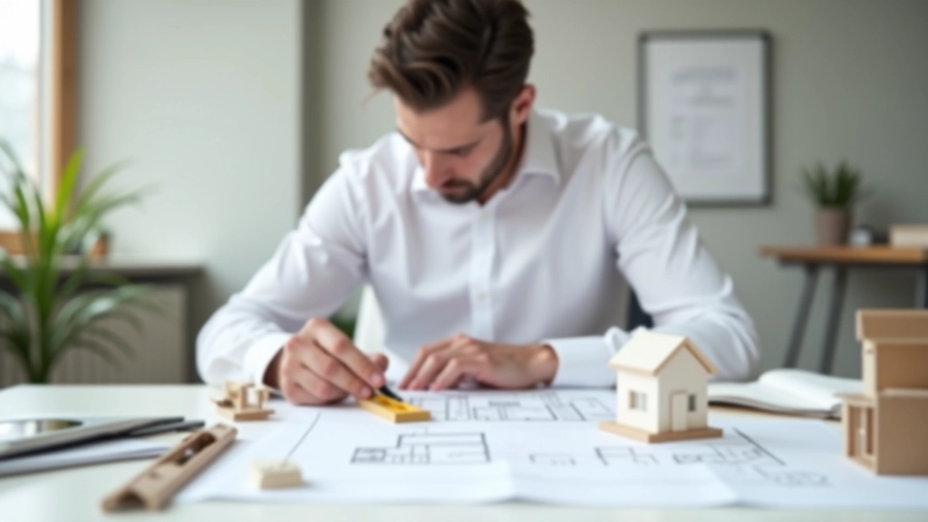 Architekt zeigt auf Baupläne und Modelle eines Bauprojekts am Schreibtisch