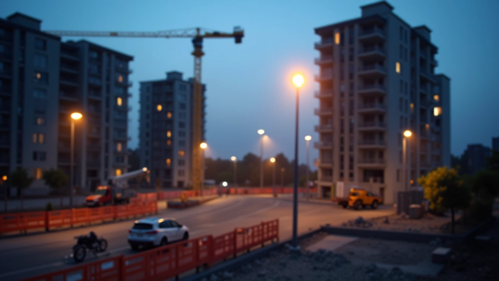 Baustelle in der Dämmerung mit Baulichtern, moderne Wohngebäude im Entstehen