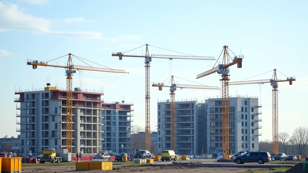 Baustelle mit mehreren Kränen und Rohbauten in verschiedenen Bauphasen