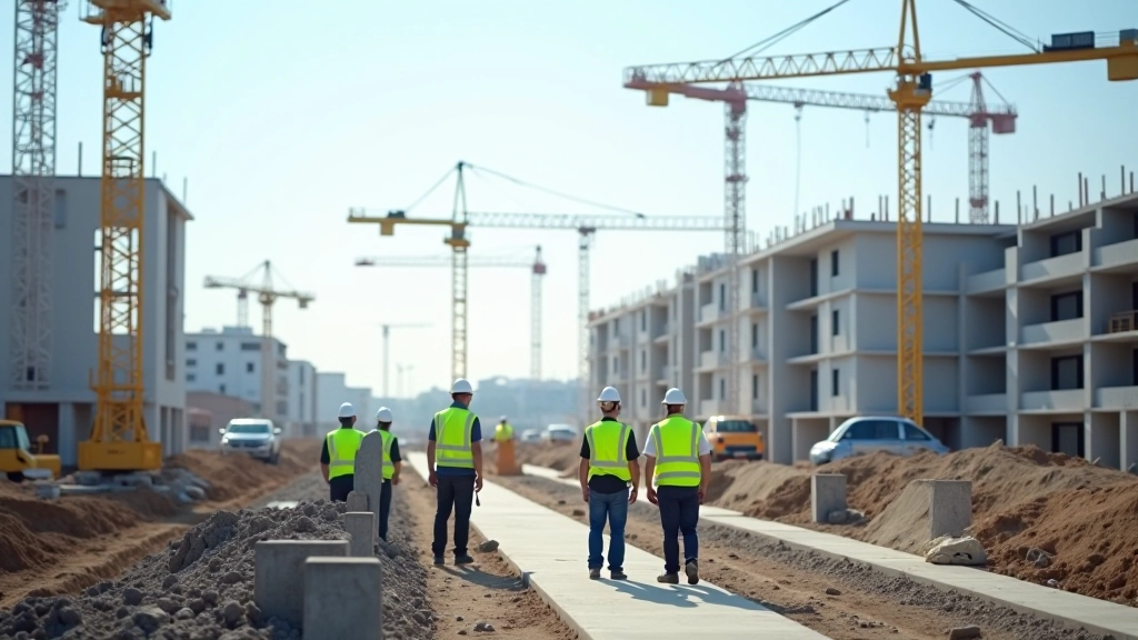 Moderne Baustelle mit Baukränen und Arbeiter in Sicherheitsausrüstung