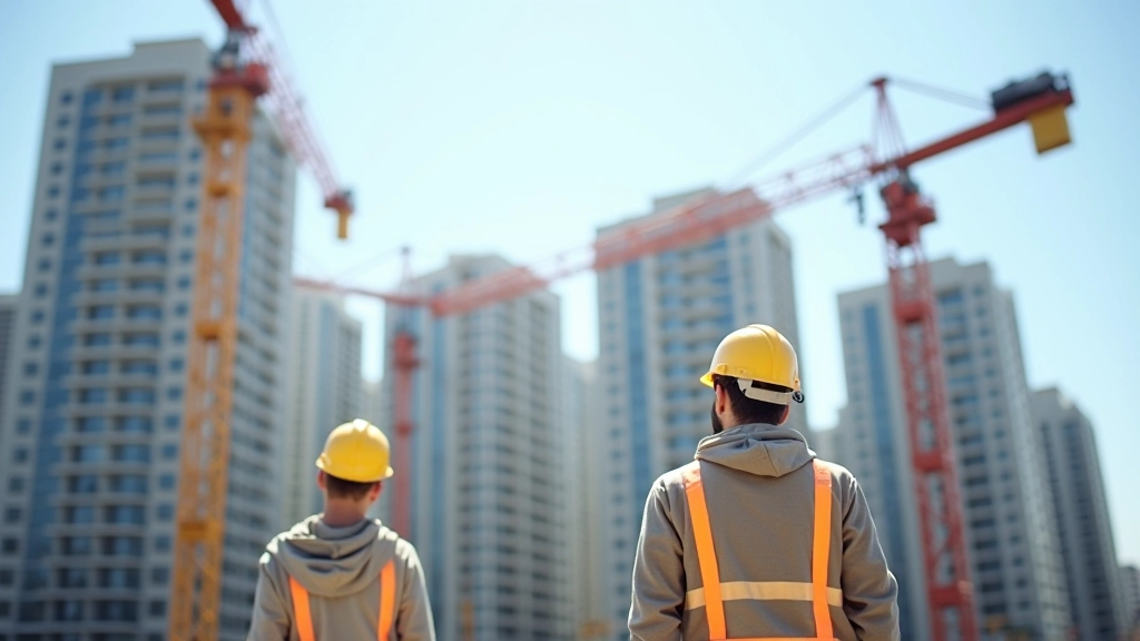 Baustelle mit Kränen und modernen Wohngebäuden im Hintergrund