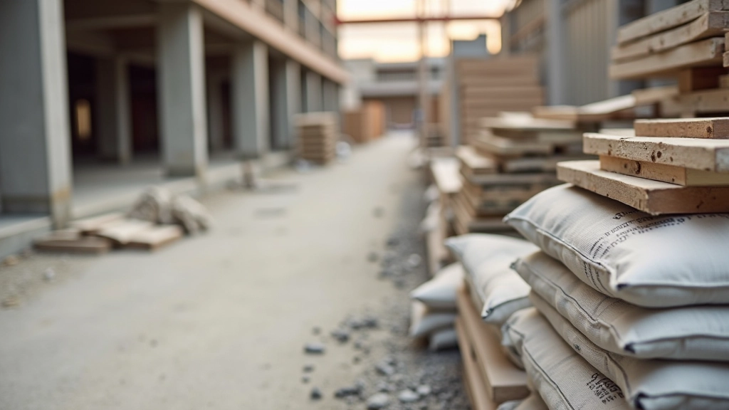 Baustelle mit Materialien gestapelt, Zement, Stahl und Holz, sonniges Wetter