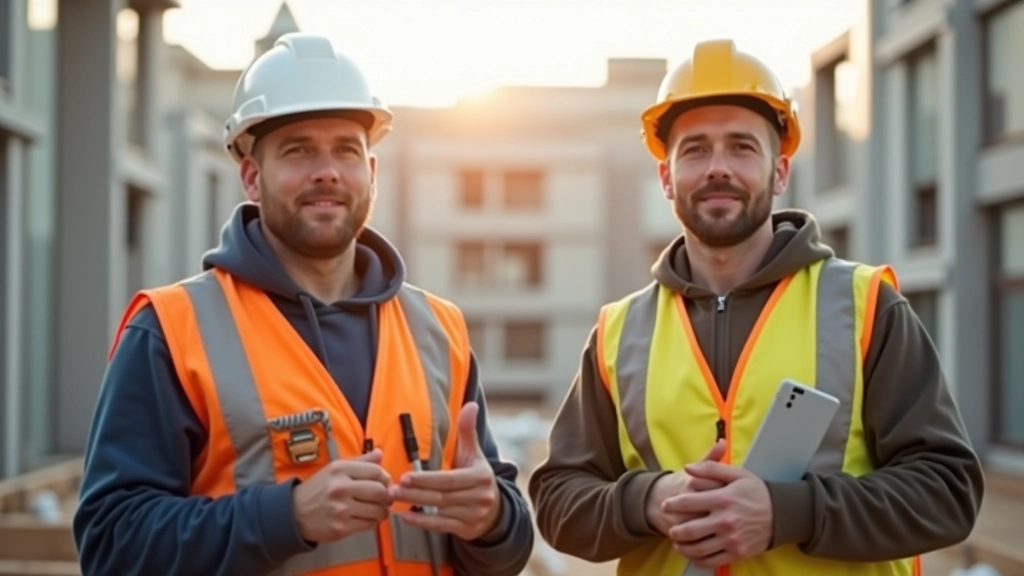 Baustelle mit Bauarbeitern, die zusammen arbeiten, moderne Baumaschinen im Hintergrund