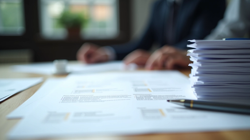 Behördenbüro mit Genehmigungsdokumenten und Stempel auf Schreibtisch